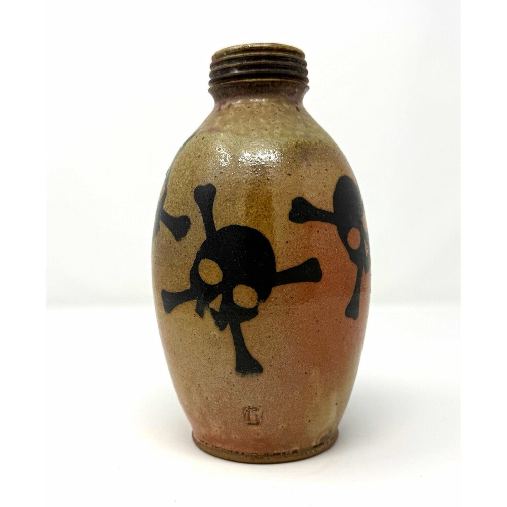 John Freimarck Ceramic Vase Brown/Black Skull & Crossbones
